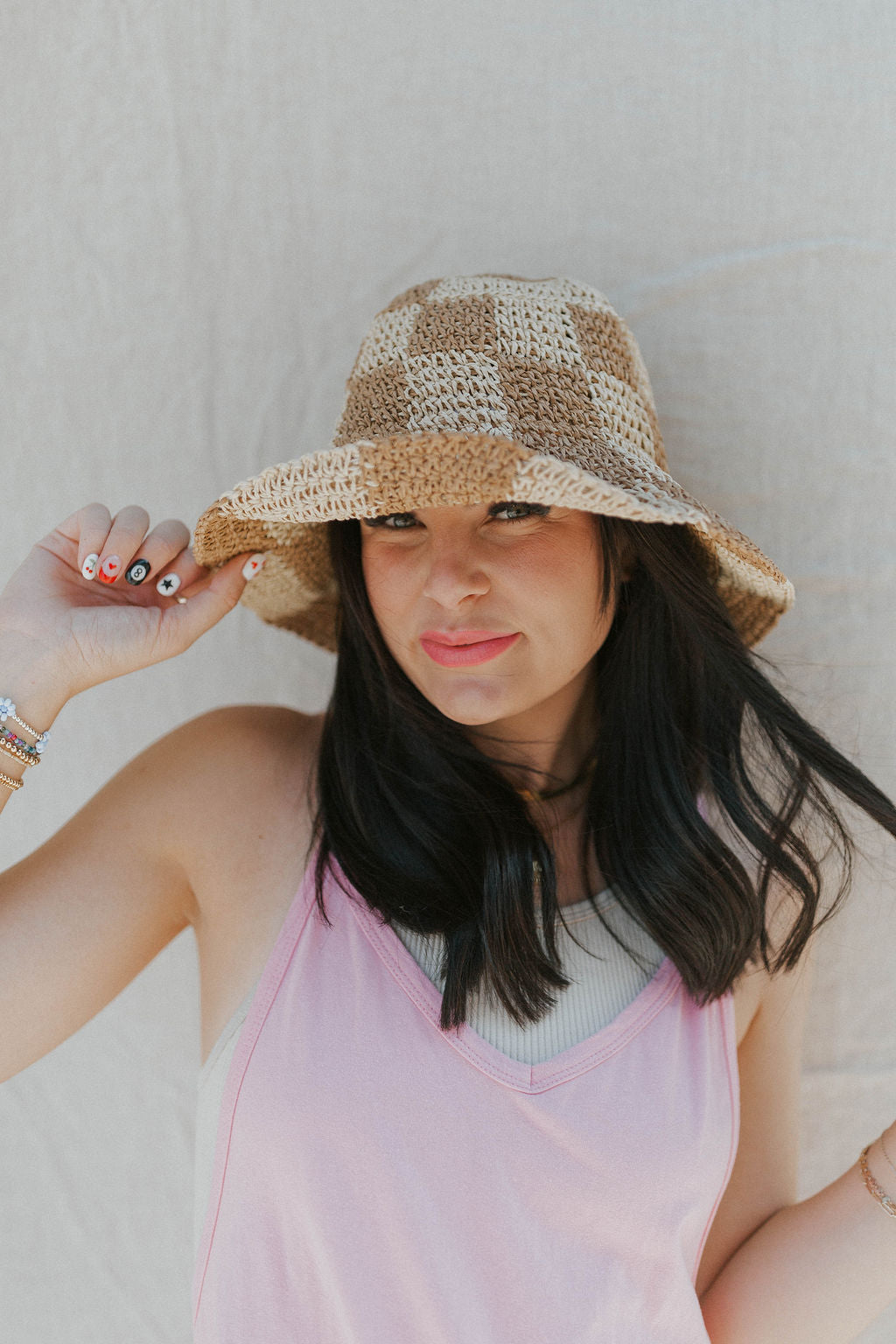 Checkered Straw Bucket Hat